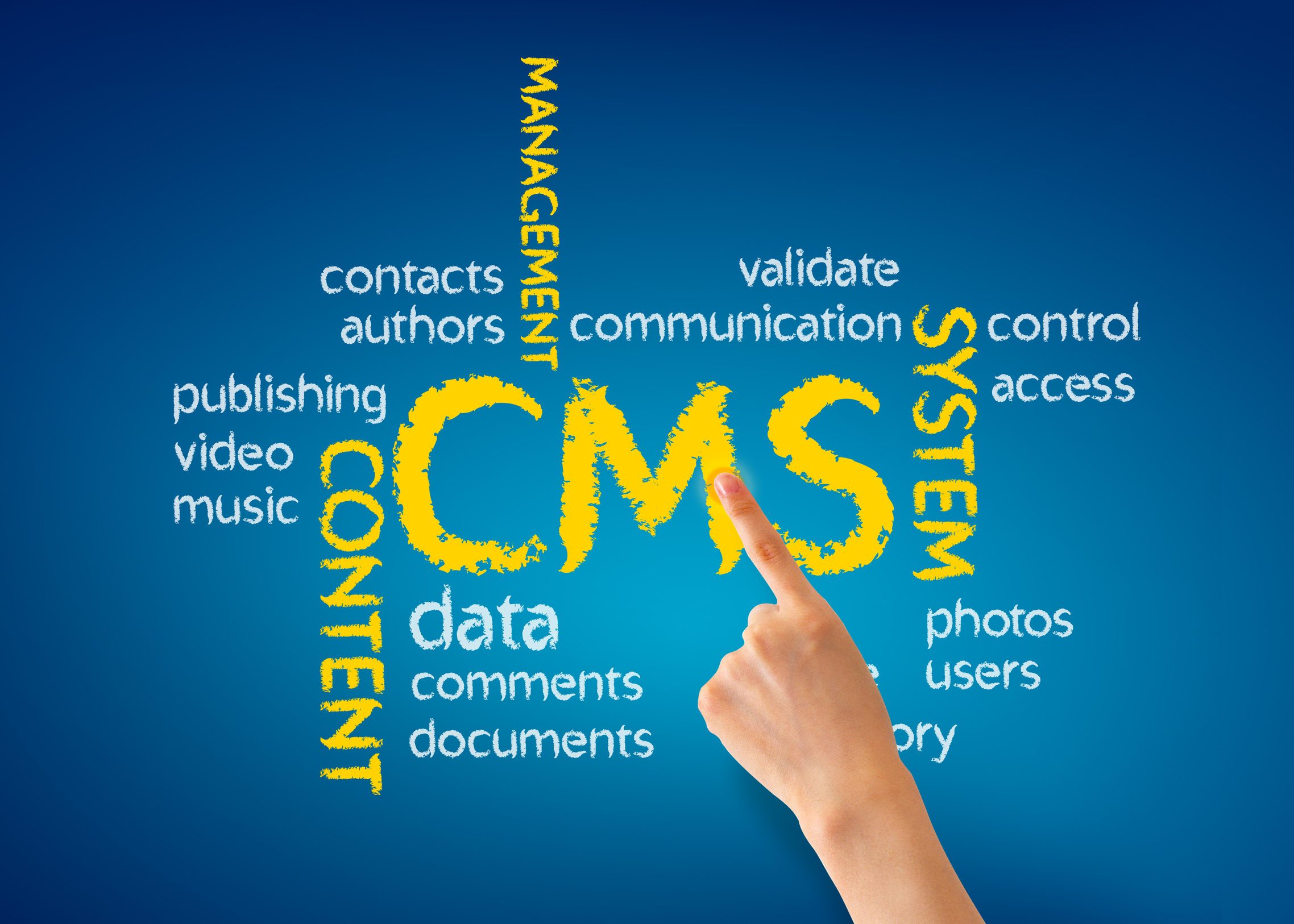 Interface d'administration d'un content management system avec pages, articles et médias