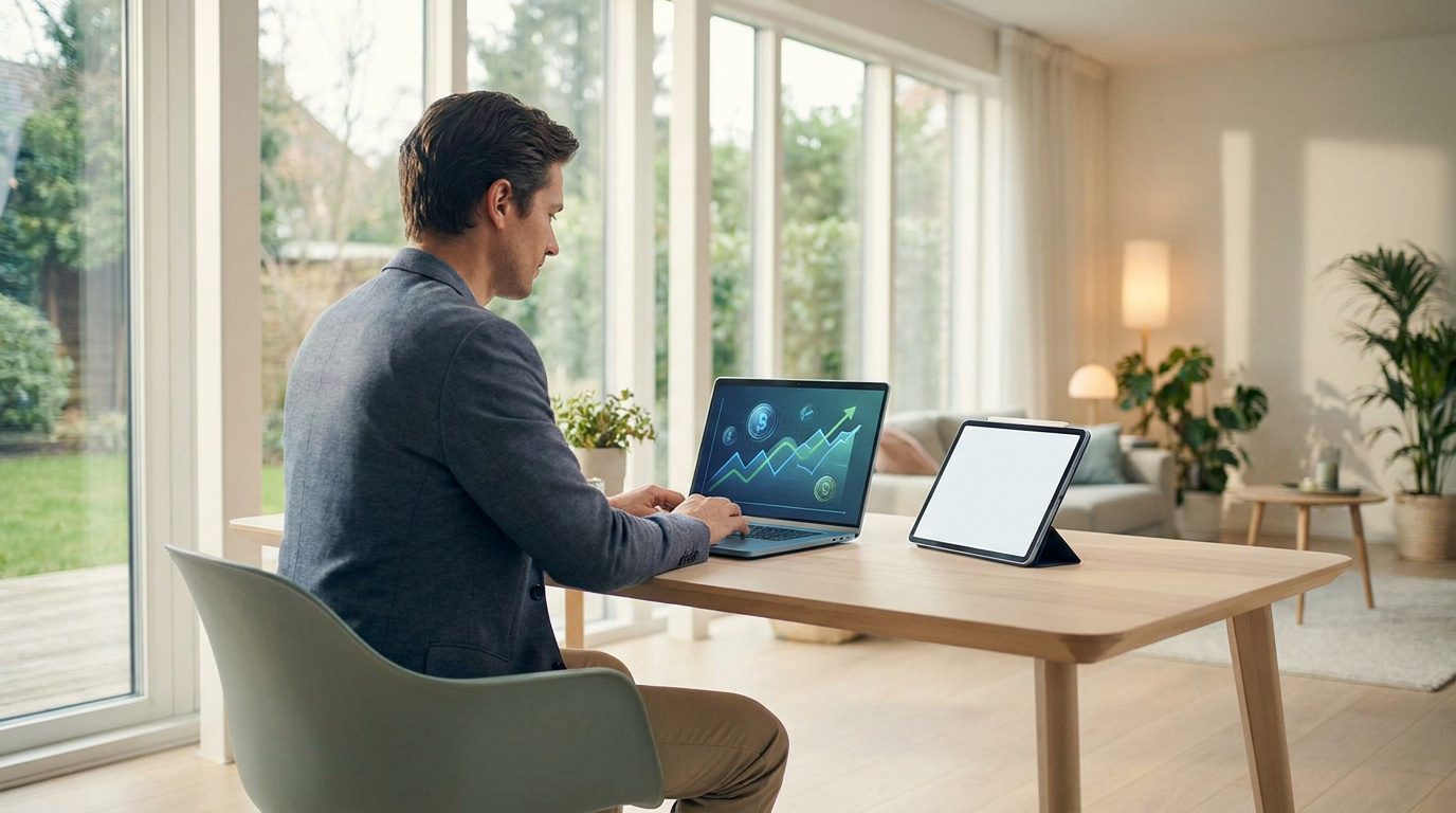 Personne travaillant en ligne sur un ordinateur portable installé à son bureau
